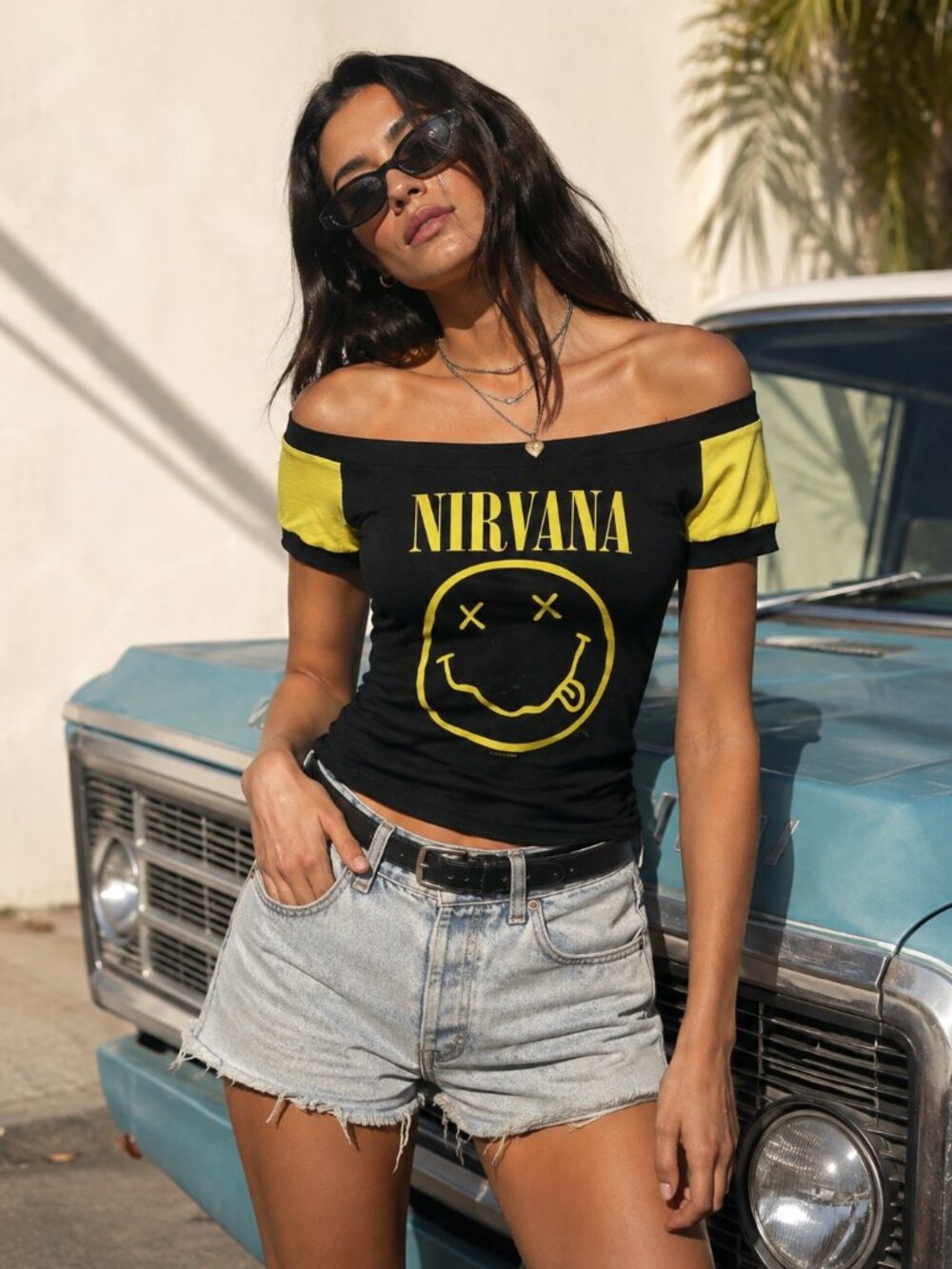 Nirvana Smiley Logo Graphic Band Tee Black & Yellow Off Shoulder Top